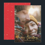 Gold script Christmas stars 1 photo red holiday Card<br><div class="desc">Gold scripted stars merry Christmas 1 photo holiday card. With a gold effect script text and gold effect design,  red back ground colour can be change to suit your style.</div>