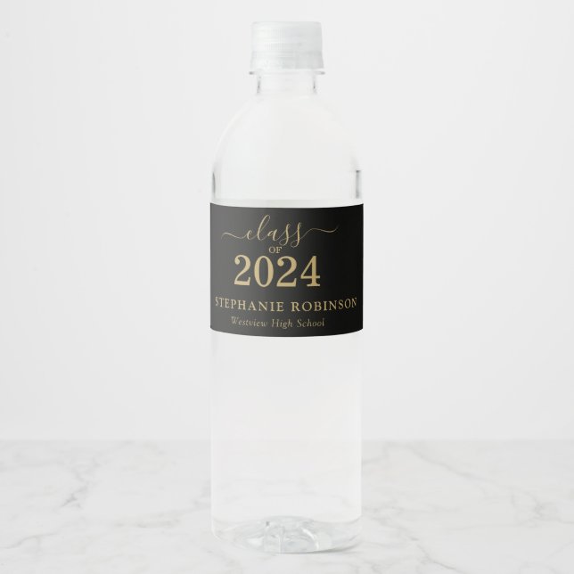 Gold Script Class of 2024  Graduation Party Water Bottle Label (Front)