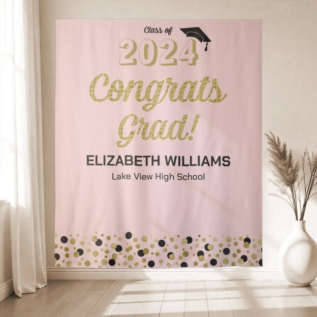 Gold Script Confetti Congrats Grad Pink Backdrop Tapestry (Creator Uploaded)