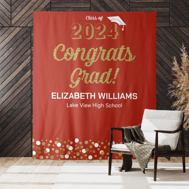 Gold Script Confetti Congrats Grad Red Backdrop Tapestry (Creator Uploaded)
