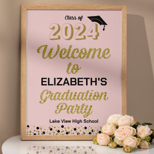 Gold Script Confetti Grad Party Pink Welcome Sign