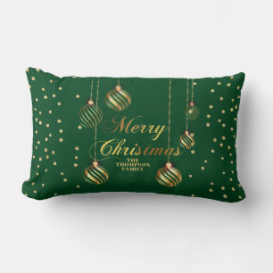 Gold Script Confetti Green Family Christmas Balls Lumbar Cushion