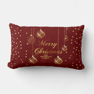 Gold Script Confetti Red Family Christmas Balls Lumbar Cushion