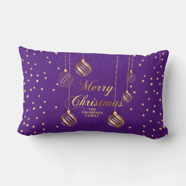 Gold Script Confetti Royal Purple Family Christmas Lumbar Cushion (Back)