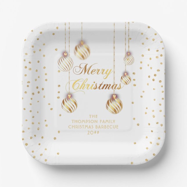 Gold Script Confetti White Family Christmas Balls Paper Plate (Front)