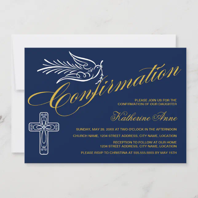 Gold Script Confirmation Text with Cross and Dove Invitation | Zazzle