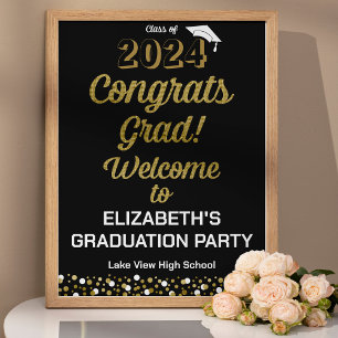 Gold Script Congrats Grad Black Welcome Sign
