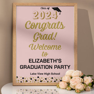 Gold Script Congrats Grad Pink Welcome Sign
