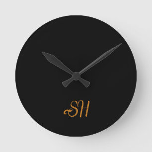 Gold script custom initials black round clock