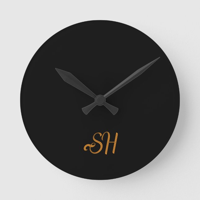 Gold script custom initials black round clock (Front)