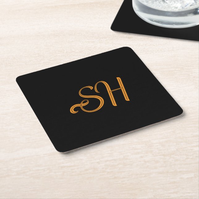 Gold script custom initials black square paper coaster (Angled)