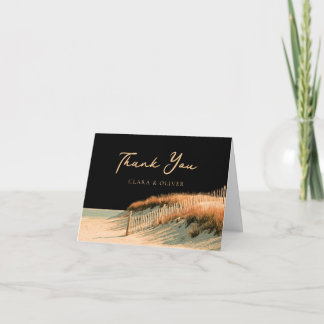 Gold Script Dune Fence Cape Cod Beach Wedding  Thank You Card