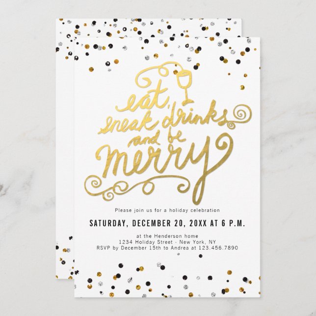 Gold Script Eat Drink Merry Confetti Holiday Party Invitation (Front/Back)
