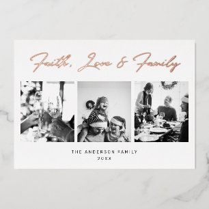 Gold Script Faith, Love & Family Christmas Photo Foil Holiday Card