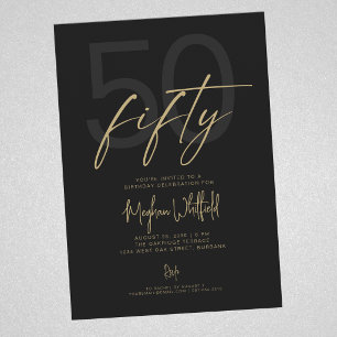 Gold Script Fifty Modern Black 50th Birthday Party Invitation