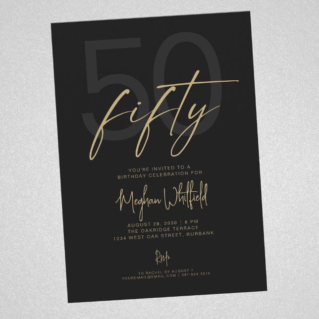 Gold Script Fifty Modern Black 50th Birthday Party Invitation (Creator Uploaded)