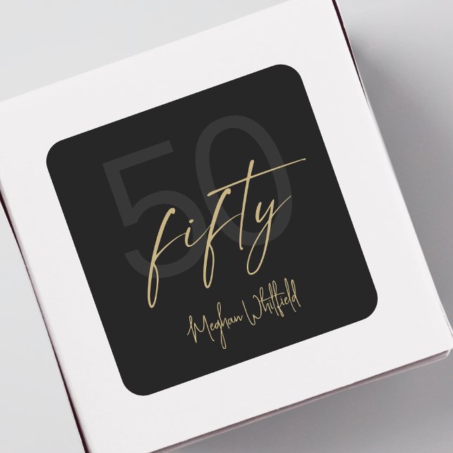 Gold Script Fifty Modern Black 50th Birthday Party Square Sticker (Creator Uploaded)