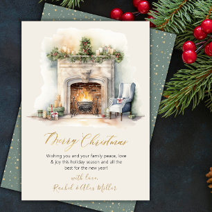 Gold Script Fireplace Non Photo Christmas Cards
