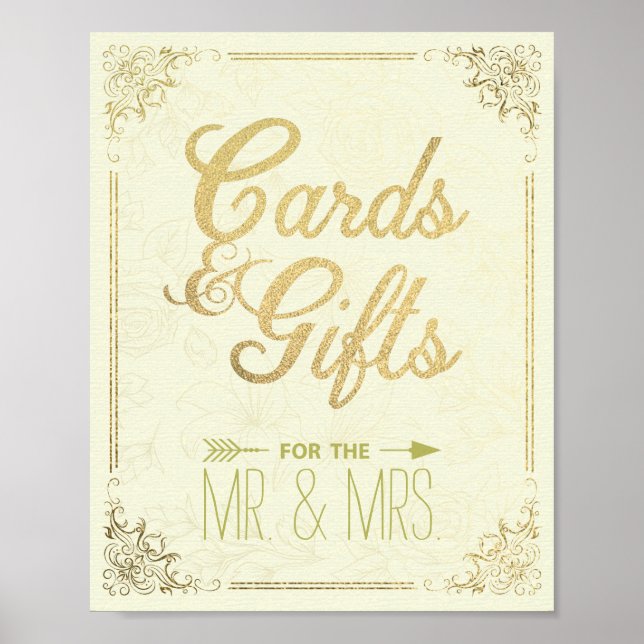 Gold Script Floral Frame Cards Gifts Wedding Sign (Front)