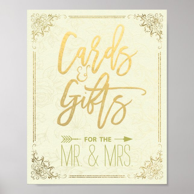 Gold Script Floral Frame Cards Gifts Wedding Sign (Front)