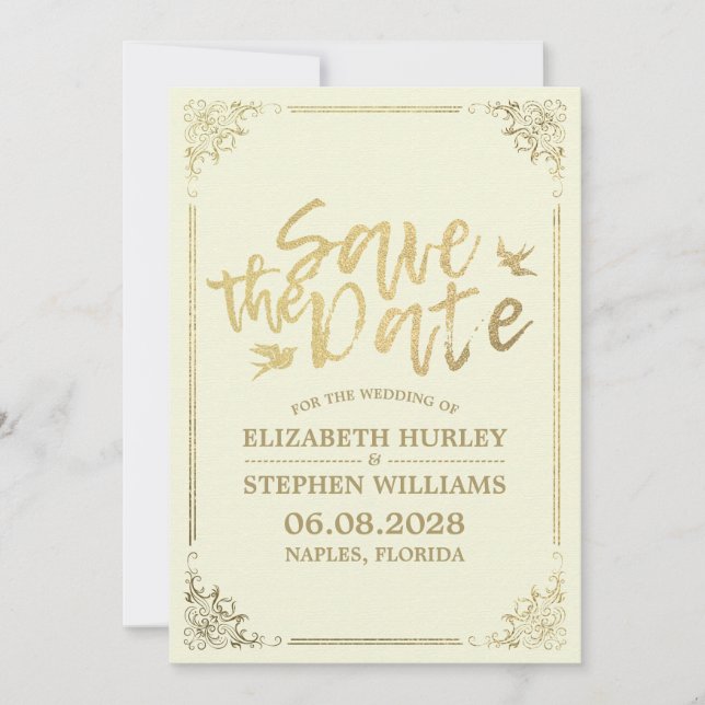 Gold Script Floral Frame Save The Date Wedding (Front)