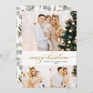 Gold Script Foliage 3 Photo Collage Christmas Card