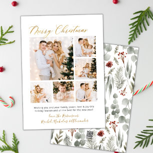 Gold Script Foliage 6 Multi Photo Christmas  Holiday Card