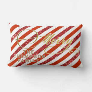 Gold Script Glitter Red White Family Christmas Lumbar Cushion