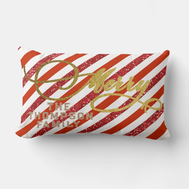 Gold Script Glitter Red White Family Christmas Lumbar Cushion (Front)