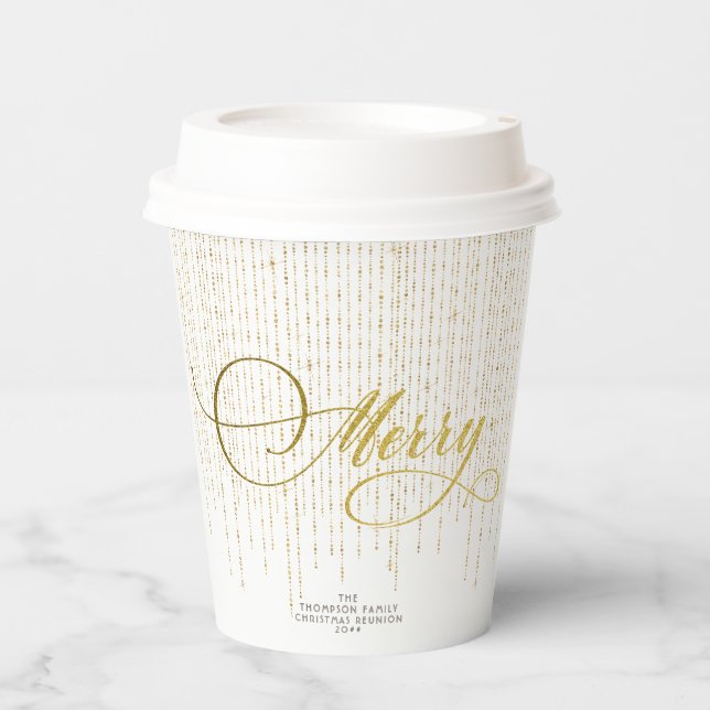 Gold Script Glitter Red White Family Christmas Paper Cups (Front)