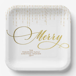 Gold Script Glitter Red White Family Christmas Paper Plate
