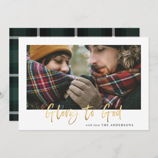 Gold script glory to god green tartan photo holiday card (Front/Back)