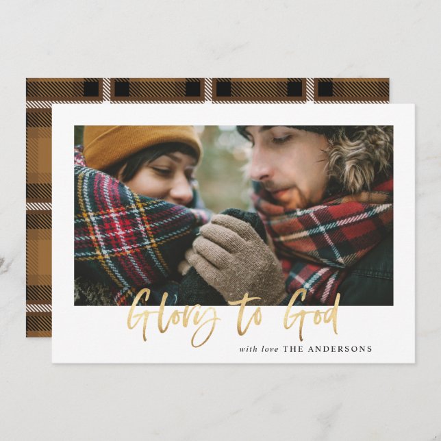 Gold script glory to god mustard tartan photo holiday card (Front/Back)