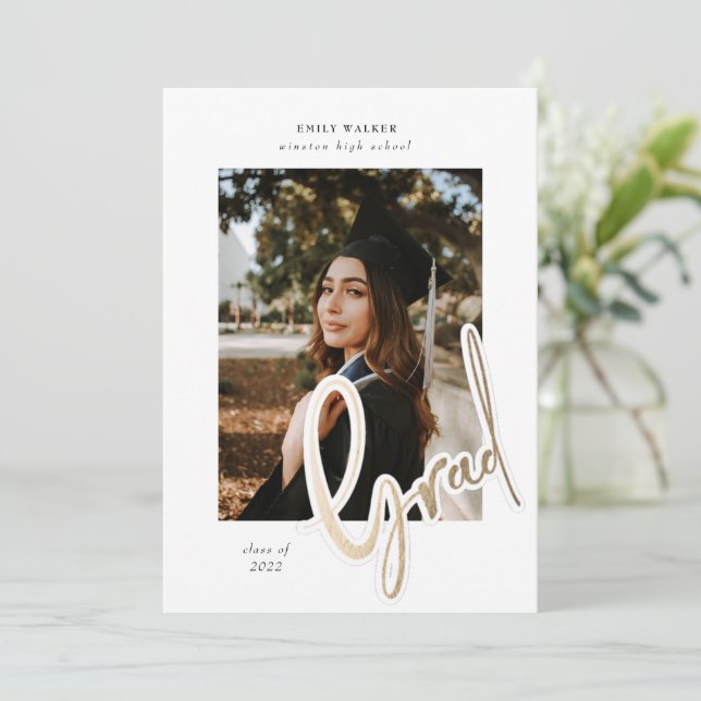 gold script graduation announcement photo card (Standing Front)