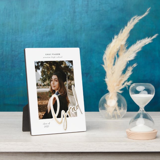 gold script graduation announcement photo card plaque (Side)