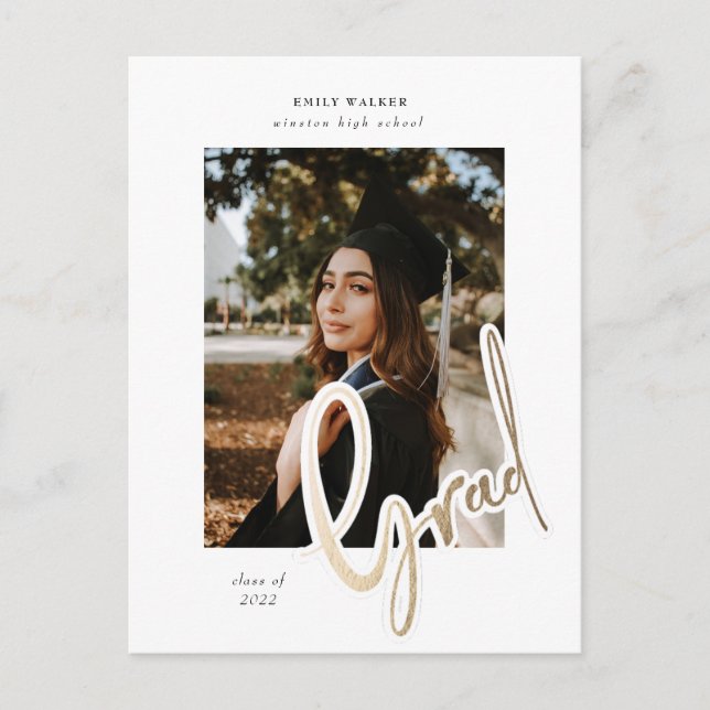 gold script graduation announcement photo postcard (Front)