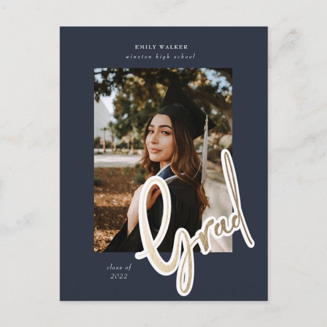 gold script graduation announcement photo postcard (Front)