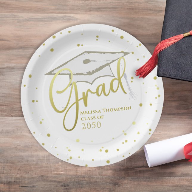 Gold Script Graduation Cap Class of Party Decor Paper Plate (Elegant gold script grad design with graduation cap and personalized class year celebration theme.)