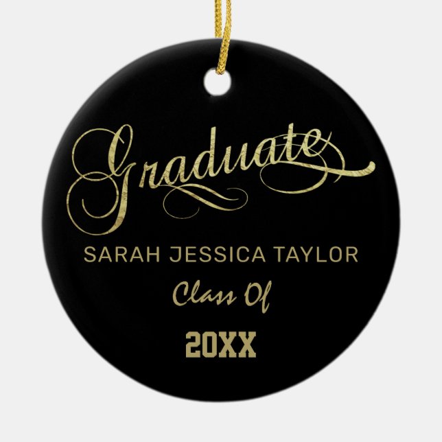 Gold Script Graduation Photo Ceramic Ornament (Front)