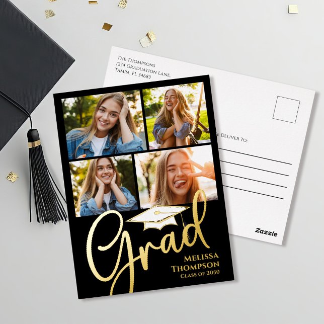 Gold Script Graduation Photo Collage Invitation  (Graduation multi photo collage template postcard.)