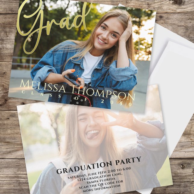Gold Script Graduation Photo Elegant  Invitation (Graduation photo invitation template with gold calligraphy script. )