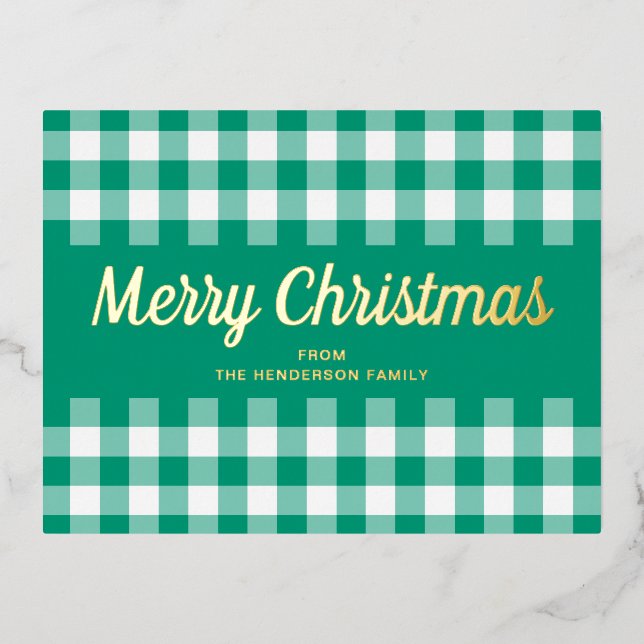 Gold Script Green Gingham Merry Christmas Foil Holiday Postcard (Front)