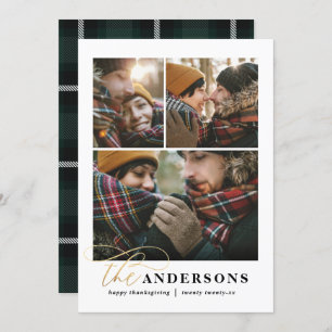 Gold script green plaid multi photo thanksgiving holiday card