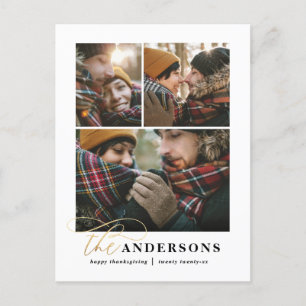 Gold script green plaid multi photo thanksgiving holiday postcard