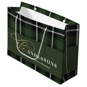 Gold script green plaid tartan rustic Christmas Large Gift Bag
