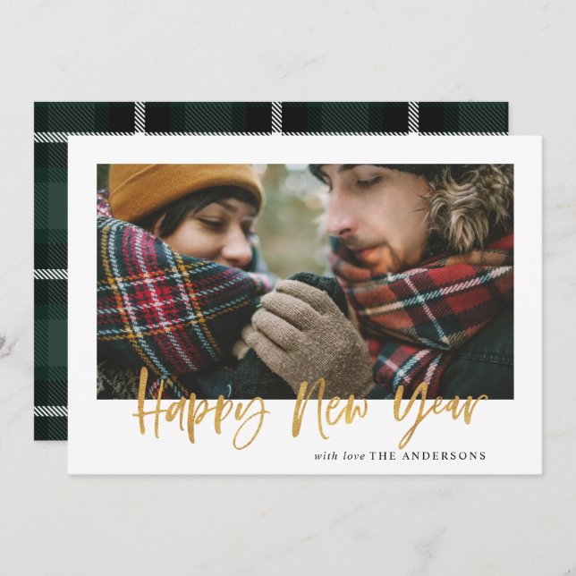 Gold script green tartan modern photo new year holiday card (Front/Back)