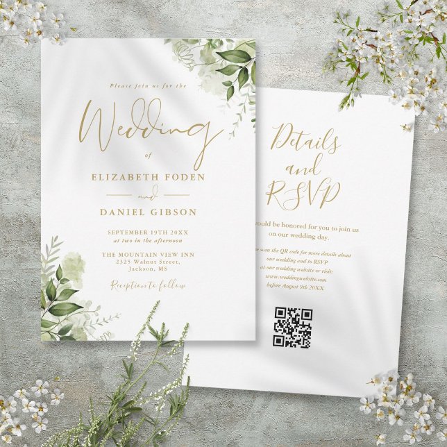 Gold Script Greenery Floral QR Code Wedding Invitation (Gold Script Greenery Floral QR Code Wedding Invitation)