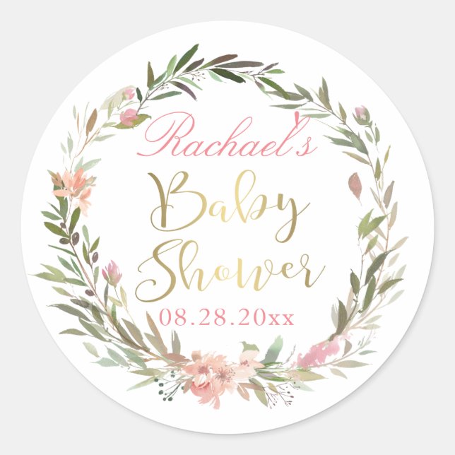 Gold Script Greenery Floral Wreath Baby Shower Classic Round Sticker (Front)