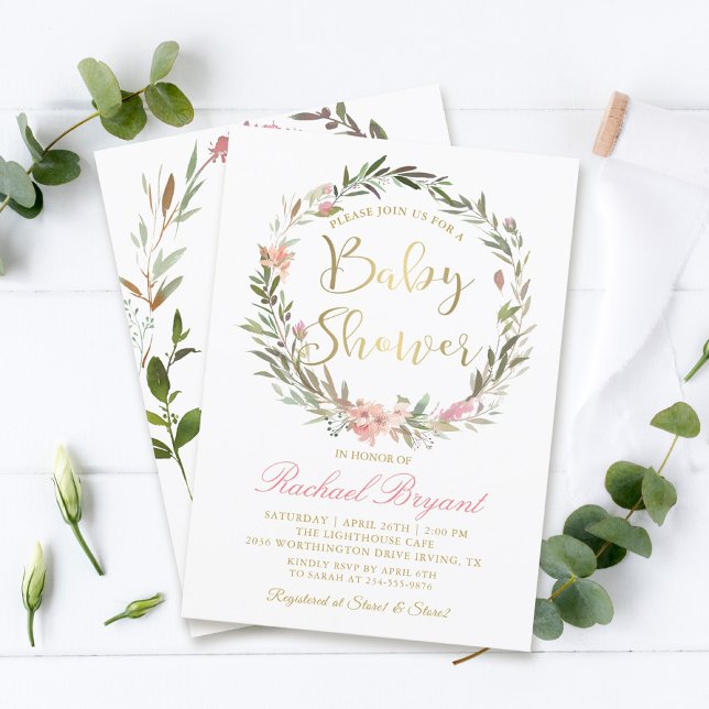 Gold Script Greenery Floral Wreath Baby Shower Invitation (Creator Uploaded)