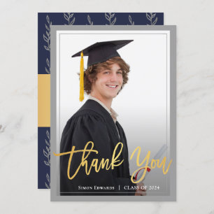 Gold Script Grey & Blue Graduation Photo Thank You Announcement